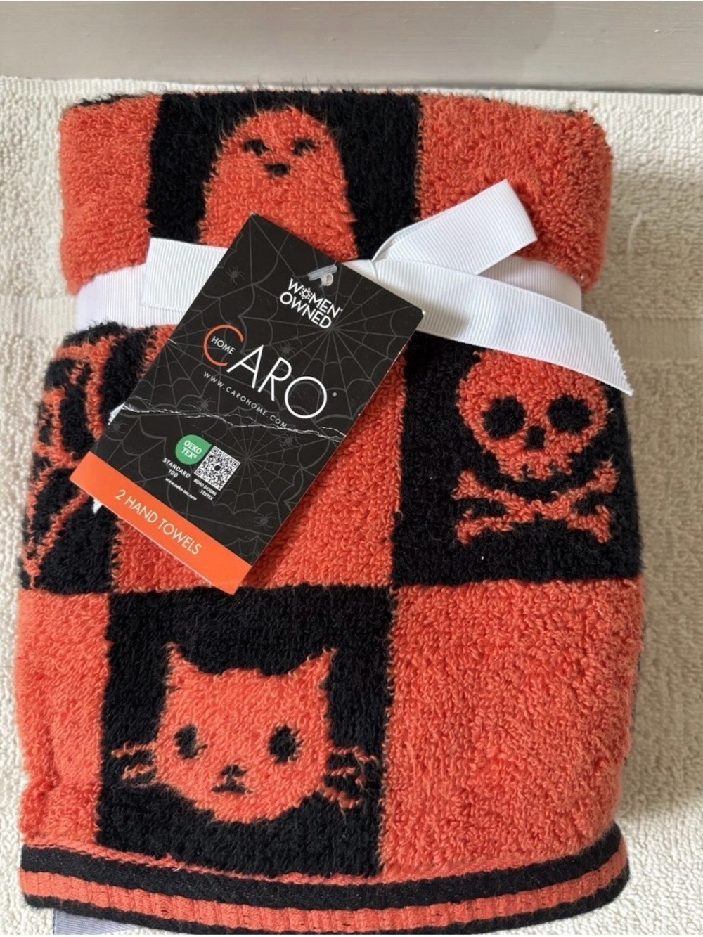Caro Home 2 Pk. Ghost Skull Spiderweb Cat Hand Towels